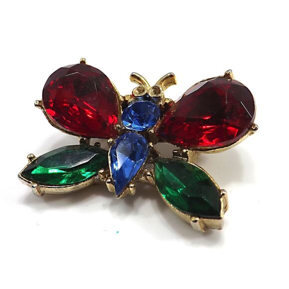 1940s Coro Butterfly Brooch Red Green Blue Rhinestone Gold Tone Vintage Jewelry - Picture 2 of 10
